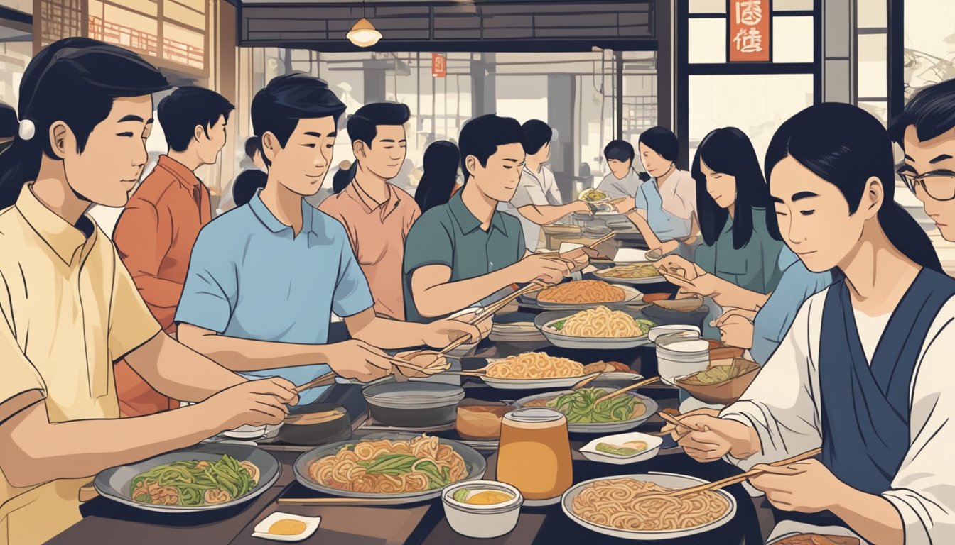 Customers sampling various udon dishes at a bustling Singapore restaurant