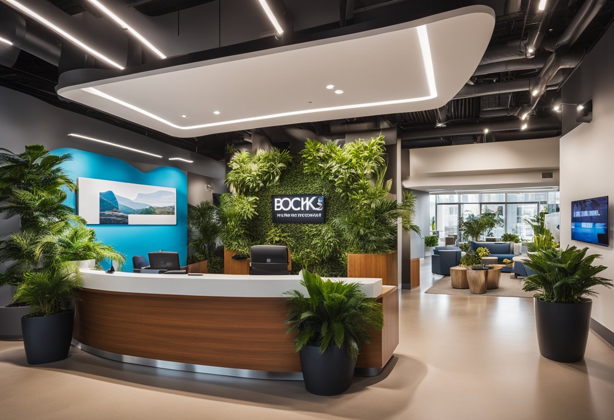 A modern reception desk stands in a bright, open space with comfortable seating, plants, and interactive displays. The walls feature vibrant artwork and informational panels, creating a welcoming and engaging atmosphere for visitors