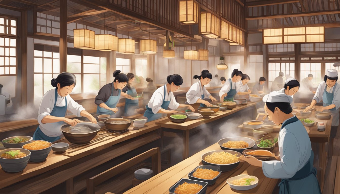 A bustling udon restaurant with steaming pots, a chef skillfully kneading dough, and customers slurping noodles at wooden tables