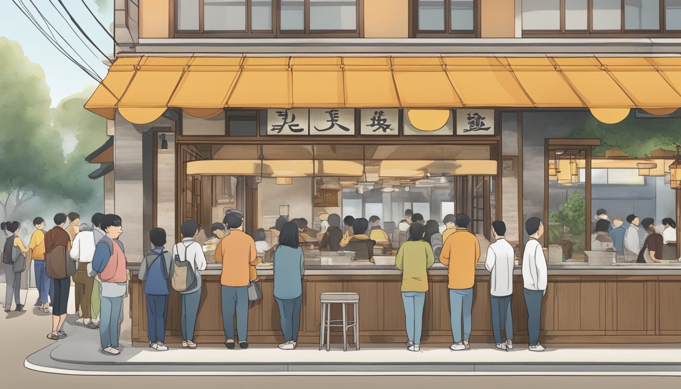 Customers line up at the entrance of a bustling udon restaurant. A sign with "Frequently Asked Questions" stands out. Steam rises from bowls on tables