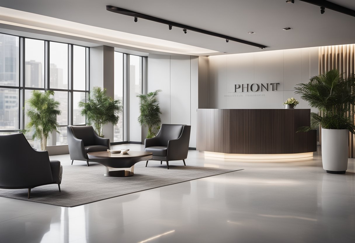 A modern reception area with sleek furniture, a minimalist color scheme, and a prominent FAQ display. A welcoming atmosphere with clean lines and a touch of sophistication