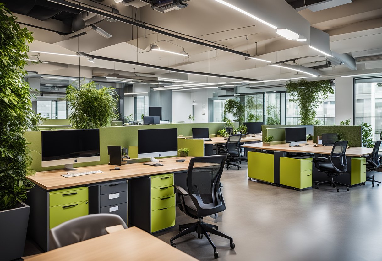 Open-concept office with natural light, ergonomic furniture, and greenery. Collaborative workspaces and private areas for focus. Modern technology and flexible layout