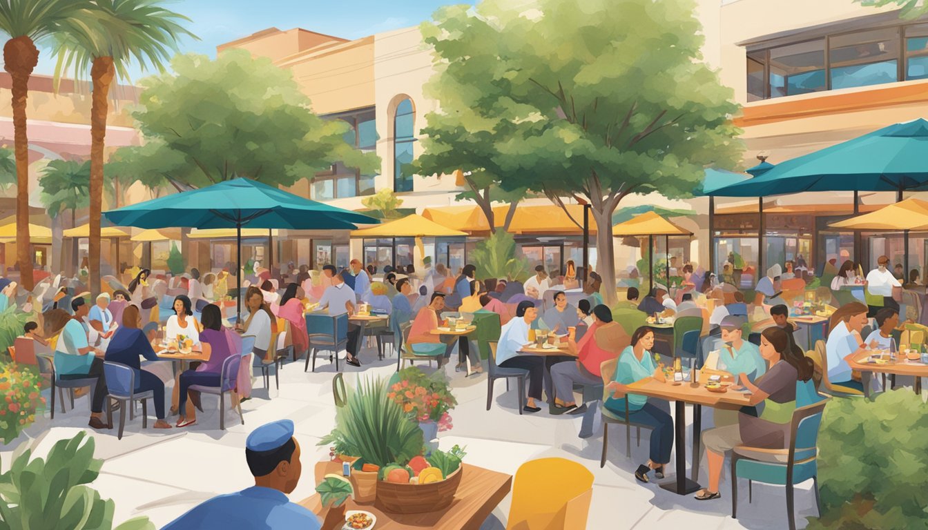Colorful outdoor seating, diverse cuisine, and bustling crowds at West Coast Plaza restaurants