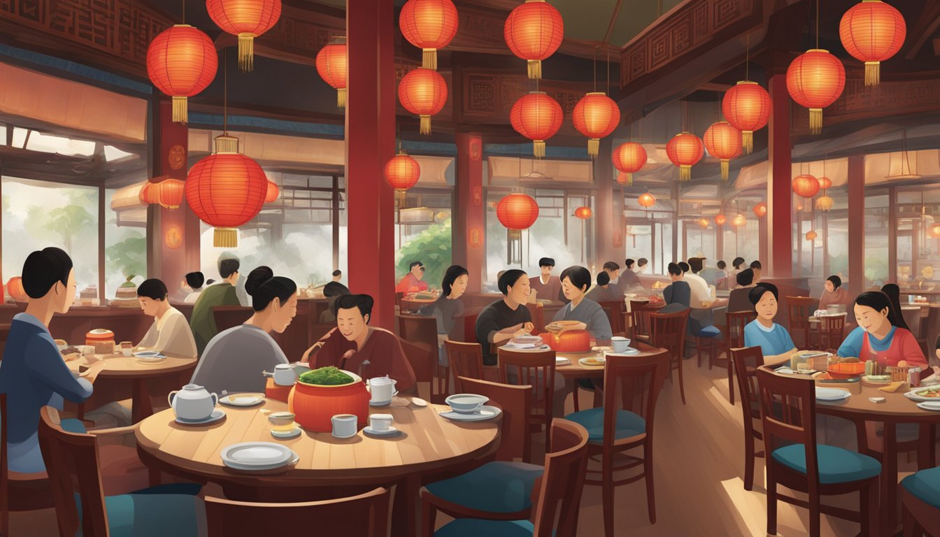 A bustling Chinese restaurant with red lanterns, round tables, and steaming dishes on a lazy Susan