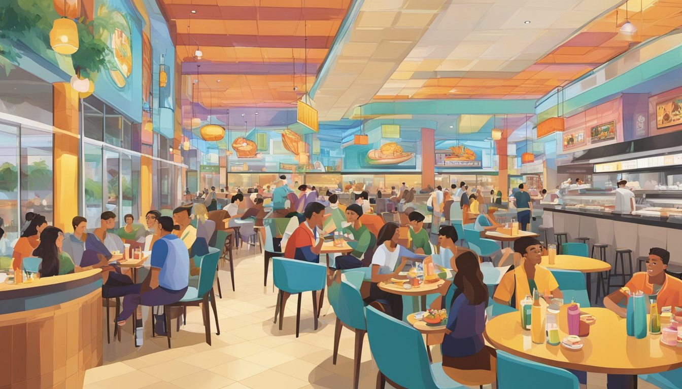 A bustling food court at West Coast Plaza, with various restaurants and diners enjoying their meals. Brightly lit signs and colorful decor create a lively atmosphere