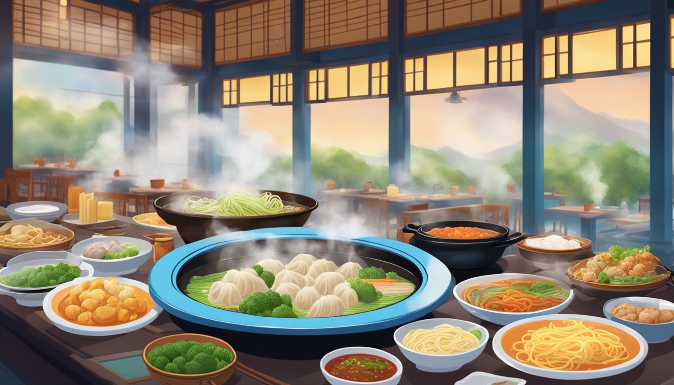 A table set with vibrant dishes at Yan Qing restaurant. Steam rises from a hot pot, while colorful plates of dumplings and noodles fill the scene