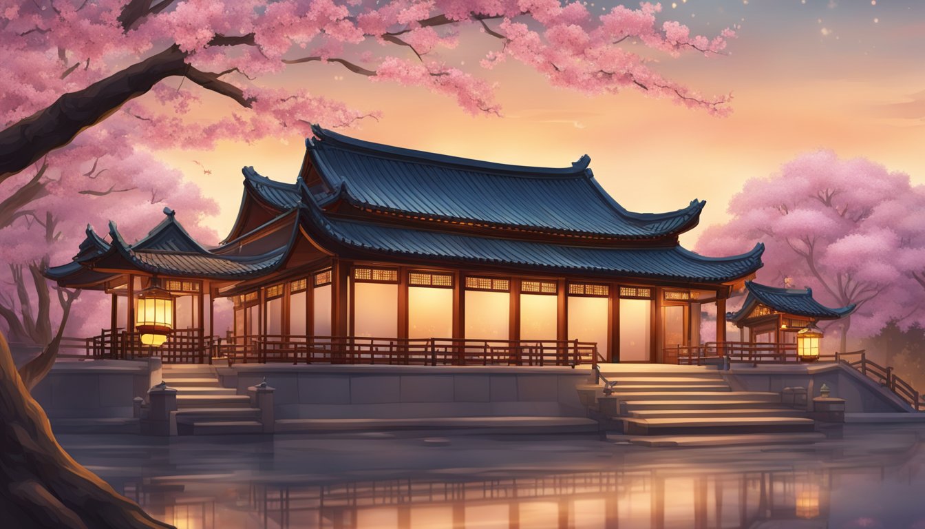 The warm glow of lanterns illuminates the traditional architecture of Yan Qing restaurant, nestled among ancient cherry blossom trees