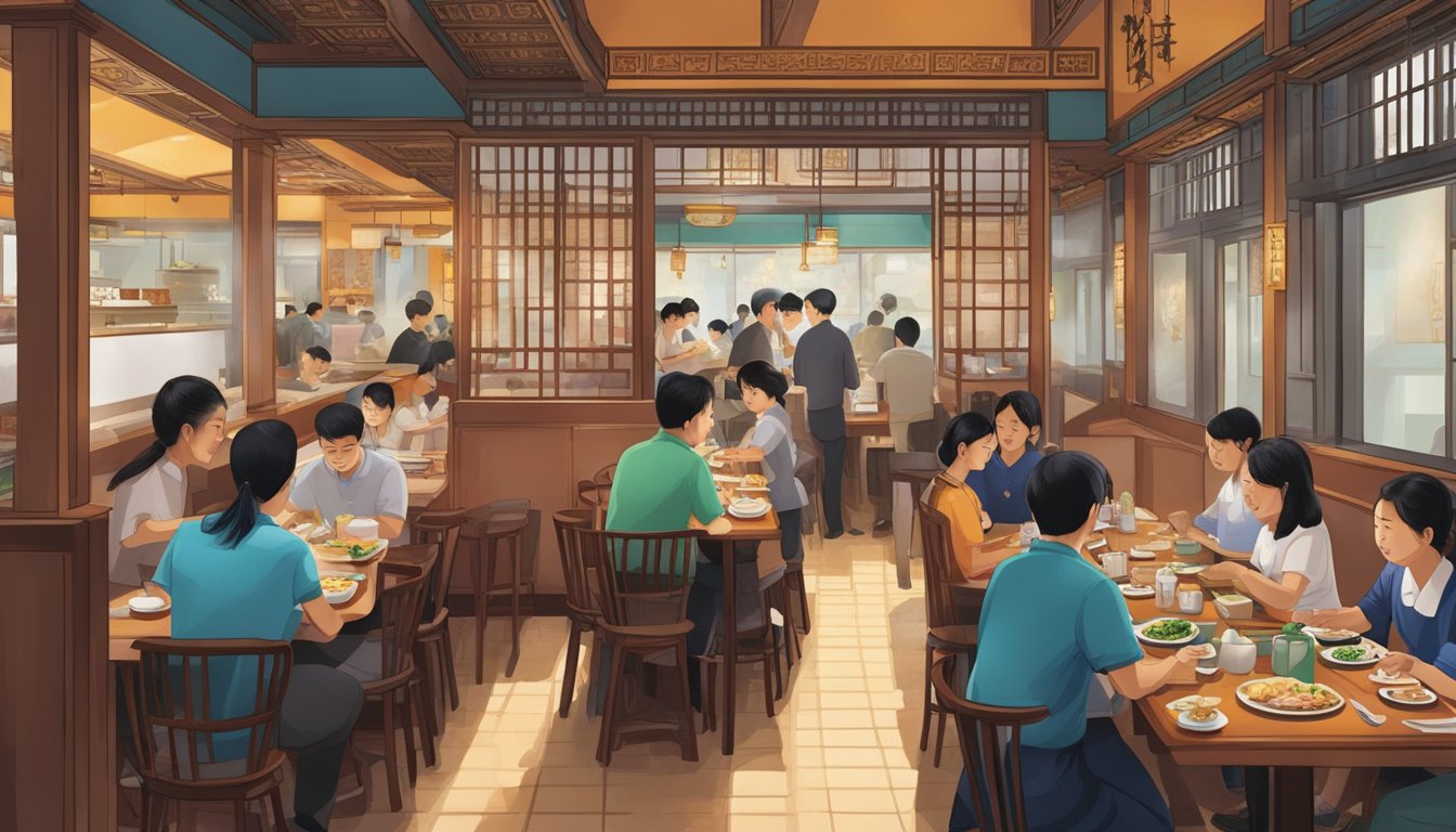 The bustling Yan Qing restaurant with customers enjoying meals and staff tending to tables and taking orders