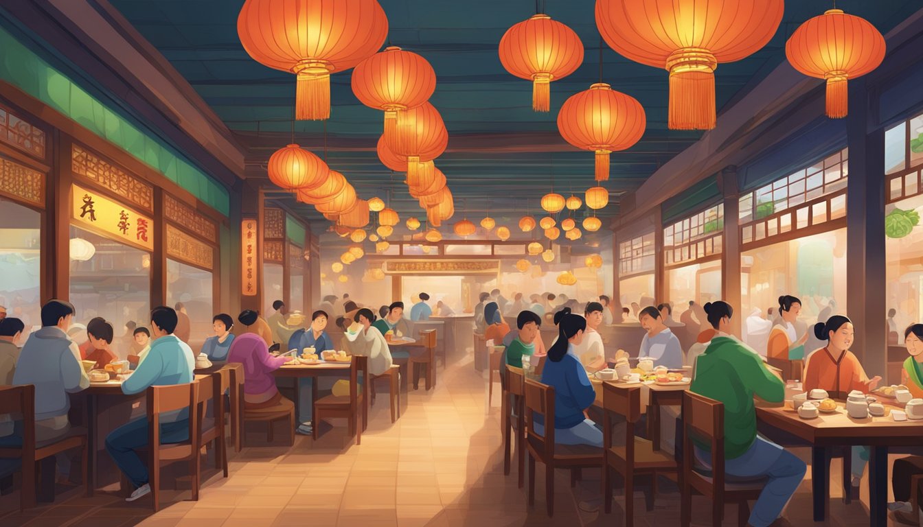 The bustling Song Hua Jiang restaurant, filled with colorful lanterns and steaming plates of dumplings, exudes a lively and inviting atmosphere