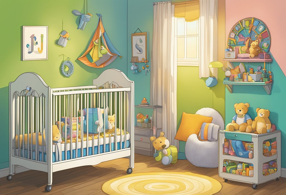 A crib with the name "Jeremiah" written on it in colorful letters, surrounded by toys and a mobile hanging above