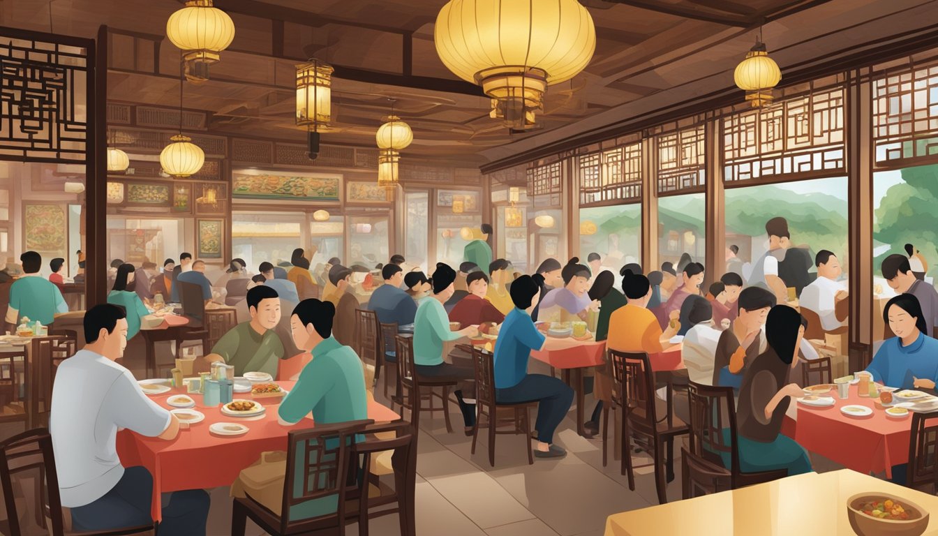 The bustling atmosphere of Song Hua Jiang restaurant, with patrons enjoying authentic Chinese cuisine and the staff tending to their needs