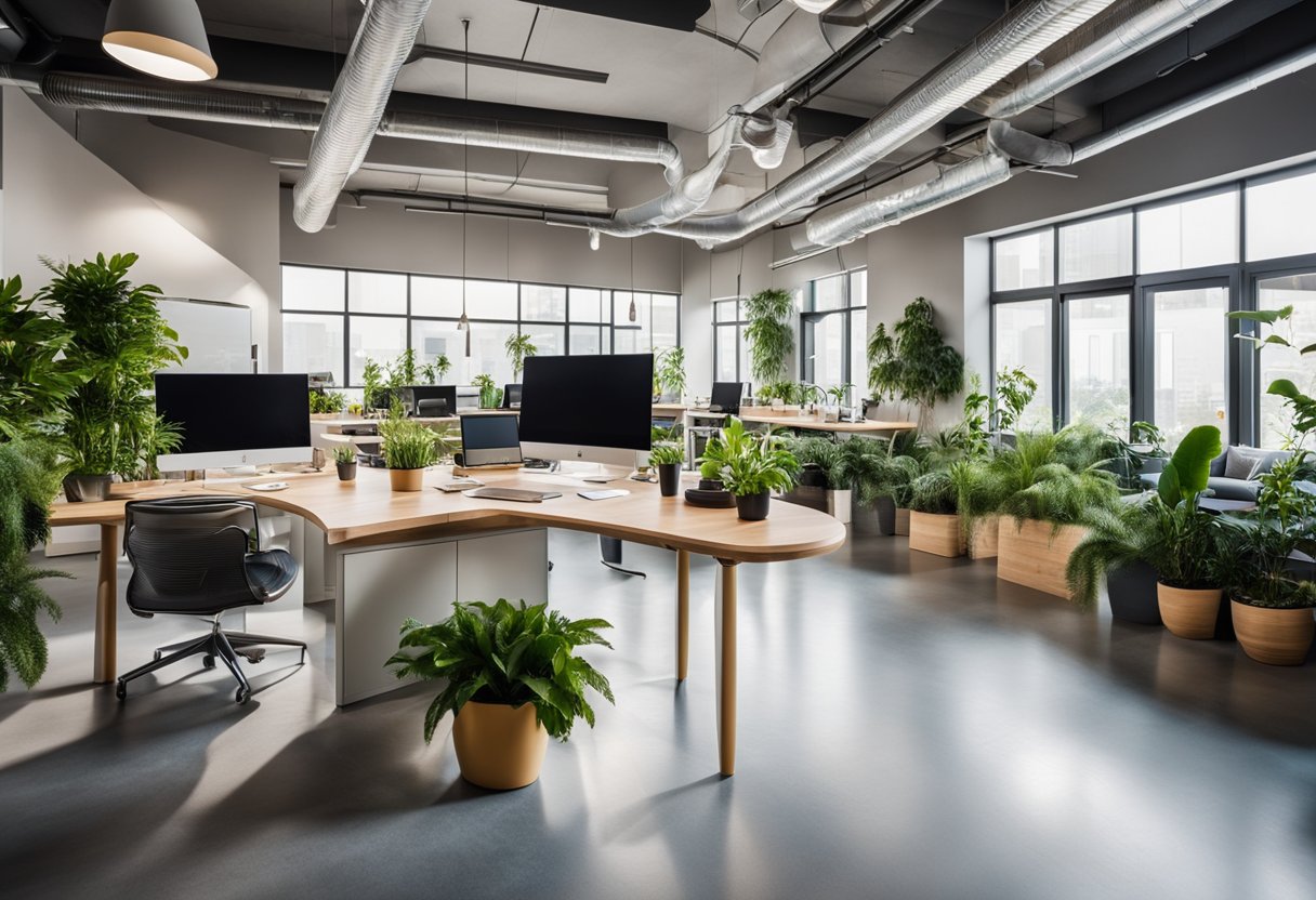 The office features a circular layout with hanging plants, modern furniture, and large windows. The walls are adorned with colorful artwork and the space is filled with natural light