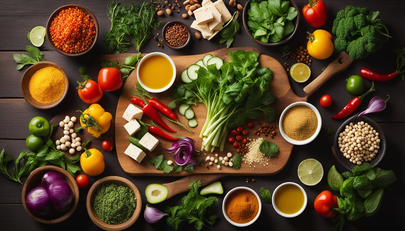 A colorful array of fresh vegetables, tofu, and herbs arranged on a wooden cutting board, surrounded by exotic spices and condiments