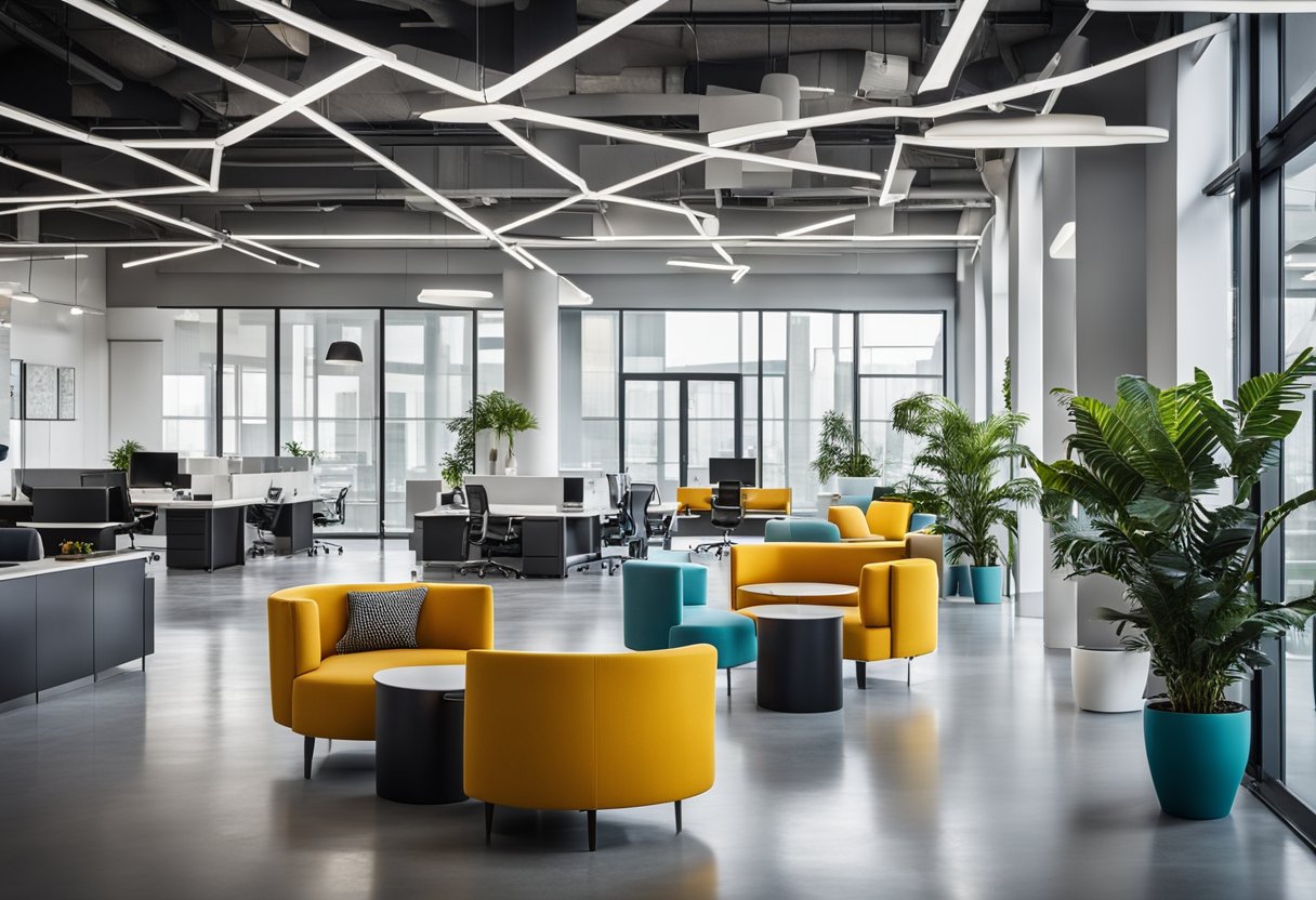 A modern office with sleek furniture, bold colors, and geometric patterns. A large open space with natural light and innovative design elements