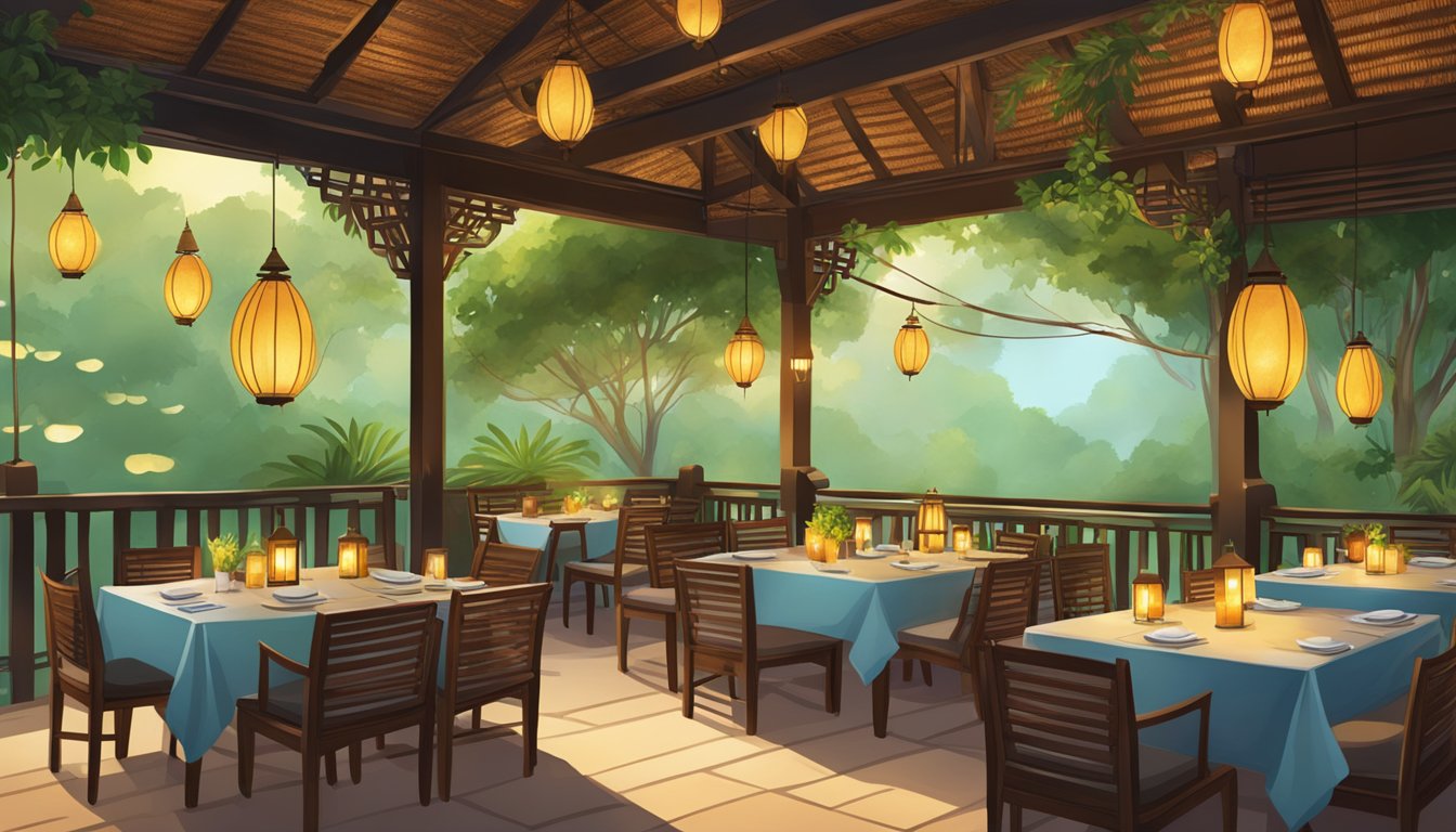Lush greenery surrounds a traditional Thai restaurant on Tamarind Hill. The warm glow of lanterns illuminates the outdoor dining area, creating a serene and inviting atmosphere