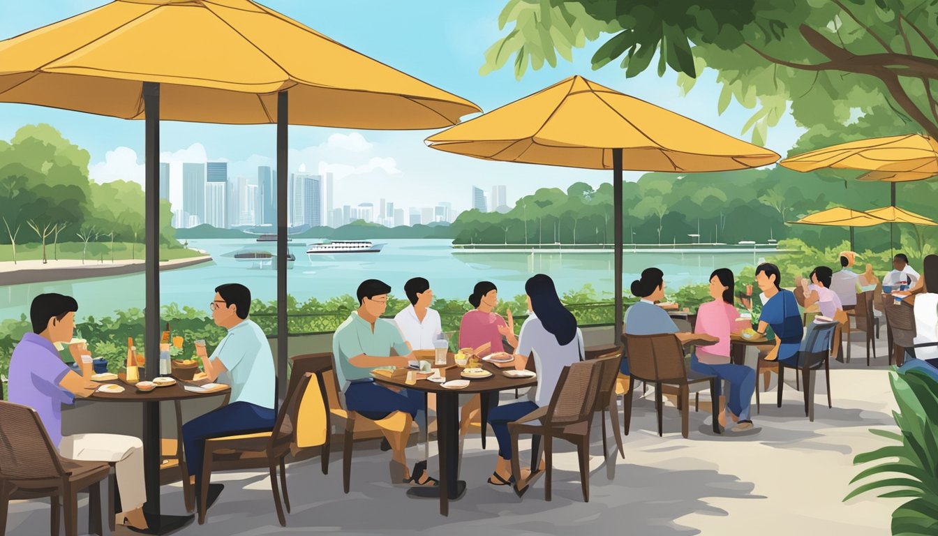 Visitors gather at Labrador Park, Singapore, for a meal at a Thai restaurant. The outdoor seating area overlooks the lush greenery and serene waterfront