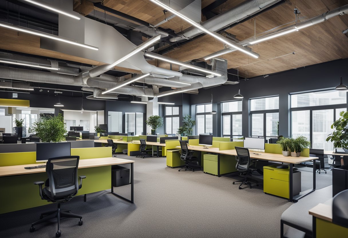 A modern, open office layout with flexible workspaces, natural light, and vibrant colors. Various collaborative areas, such as meeting pods and communal work tables, encourage teamwork and creativity