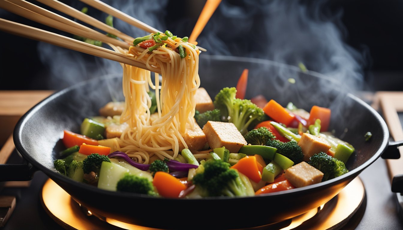 A steaming wok sizzles with colorful stir-fry vegetables, tofu, and a savory sauce. Steam rises as chopsticks hover over the dish