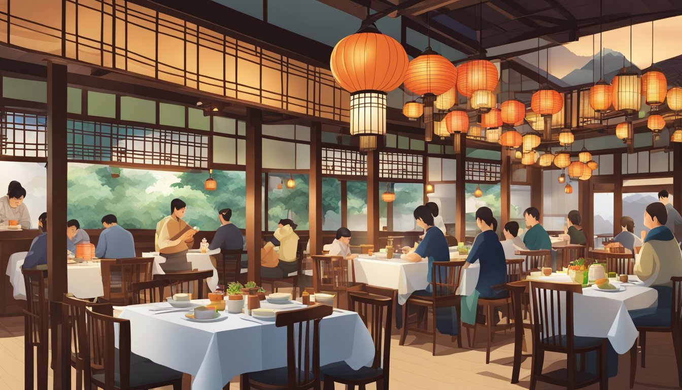 A bustling Japanese restaurant in Far East Plaza, with colorful lanterns and traditional decor, serving up authentic culinary delights