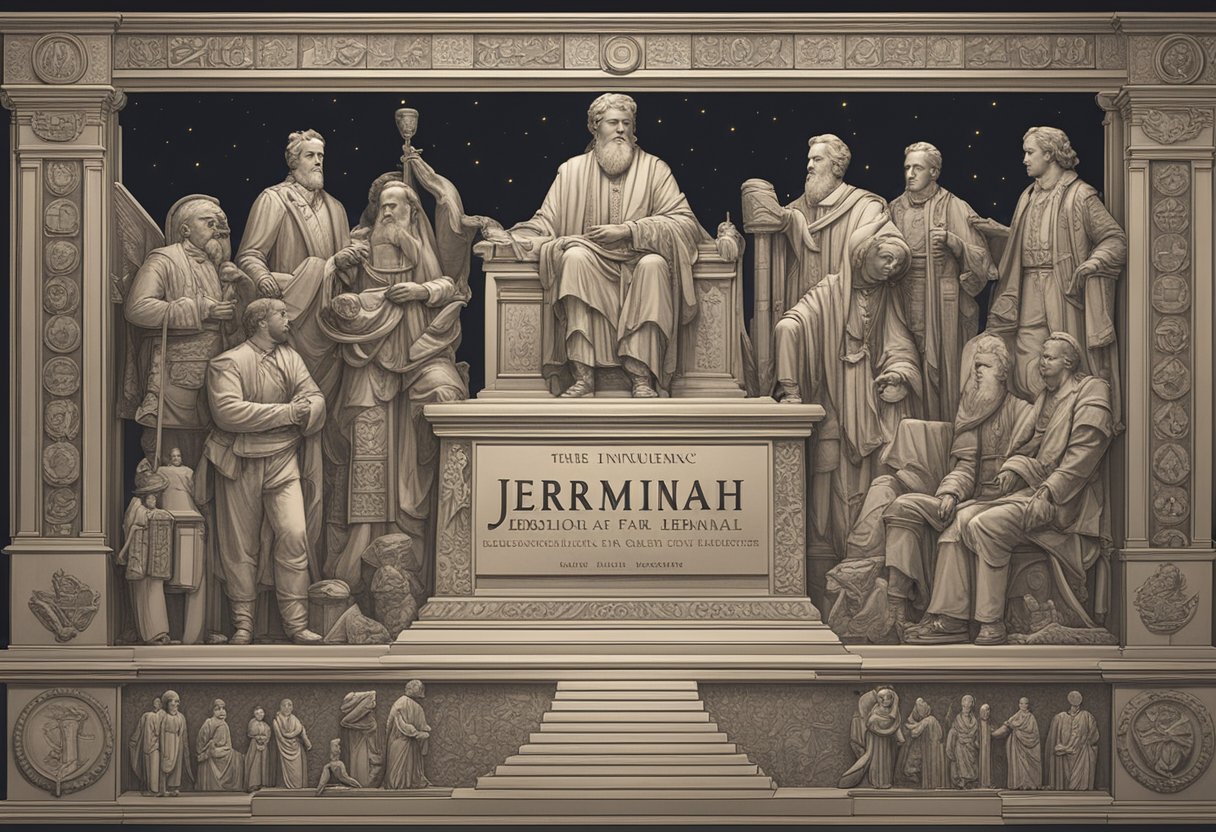 A plaque with the name "Jeremiah" surrounded by historical figures and symbols of fame and influence