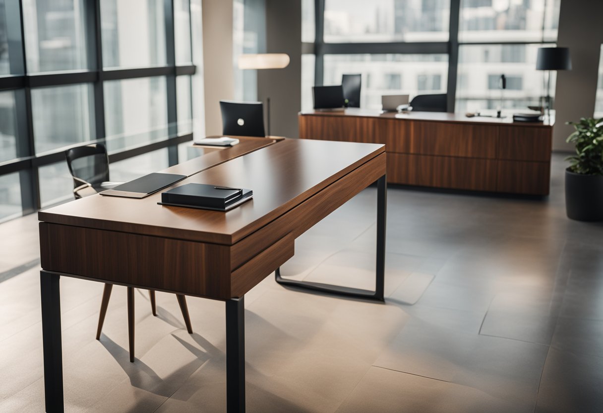 A wooden office table with a sleek, modern design, featuring clean lines and a smooth, polished surface