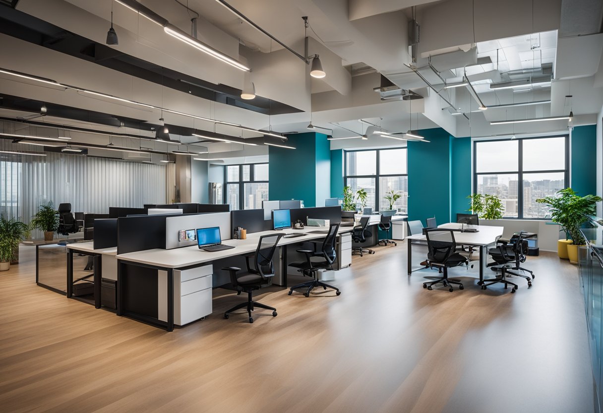 A modern office space with vibrant colors, open floor plan, and unique furniture layout, featuring a central communal area and separate workstations