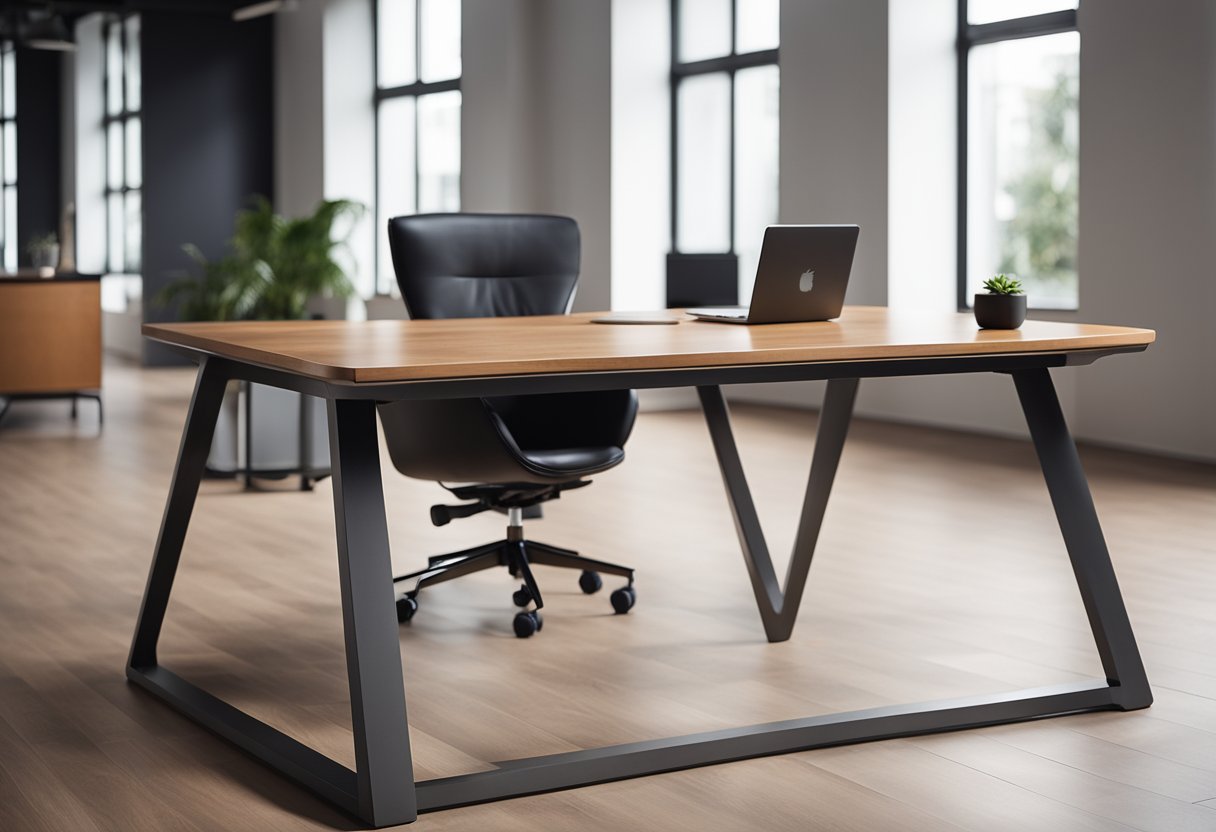 A sleek wooden office table with clean lines and a minimalist design, featuring a spacious surface and sleek, tapered legs for a modern and professional look