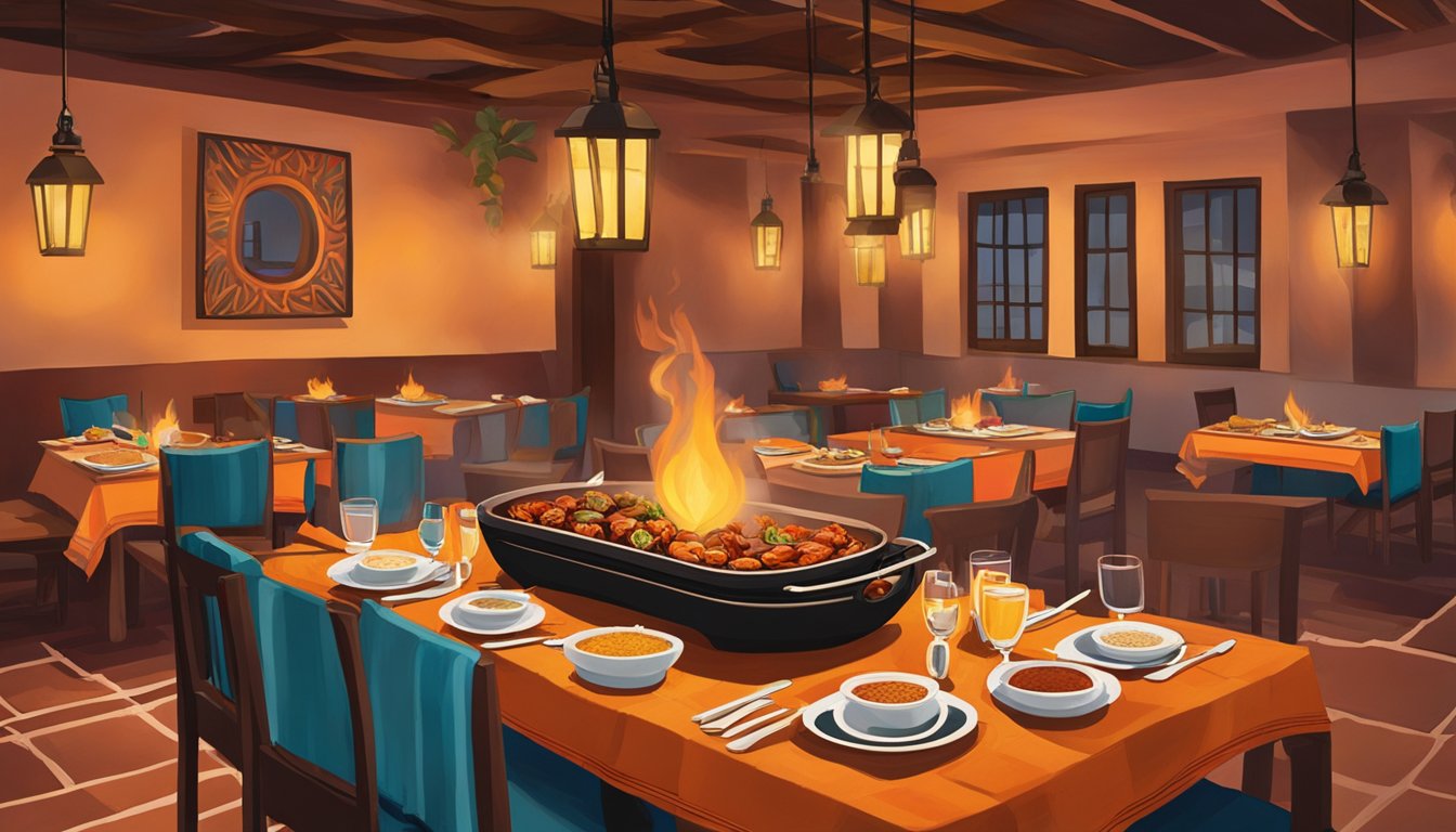 A sizzling tandoori platter emerges from the fiery clay oven, filling the air with the aroma of smoky spices and charred meats. Tables are adorned with vibrant linens and flickering candles, creating a warm and inviting atmosphere