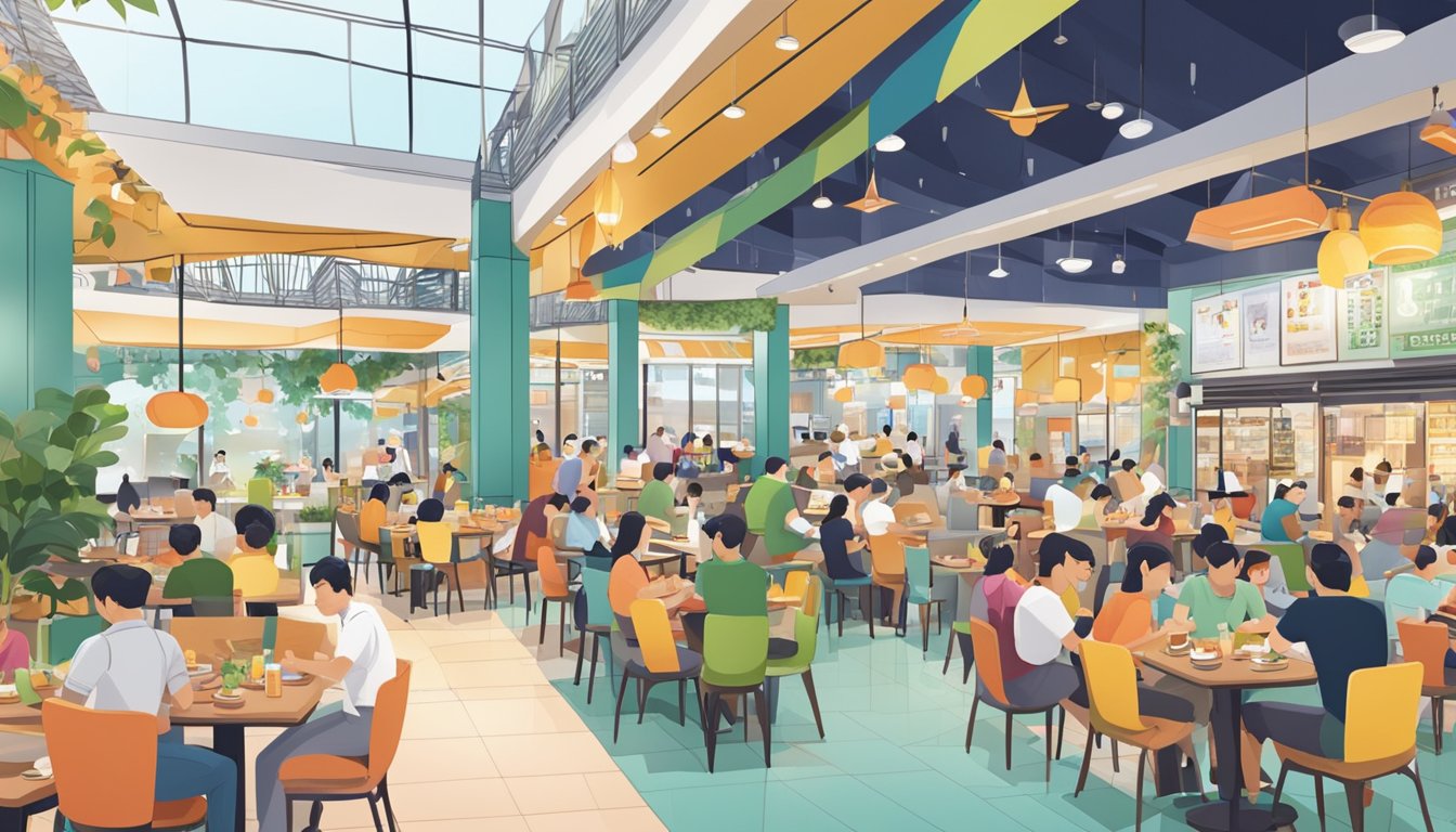 A bustling food court with diverse cuisines, vibrant decor, and happy diners enjoying their meals at Bukit Timah Plaza