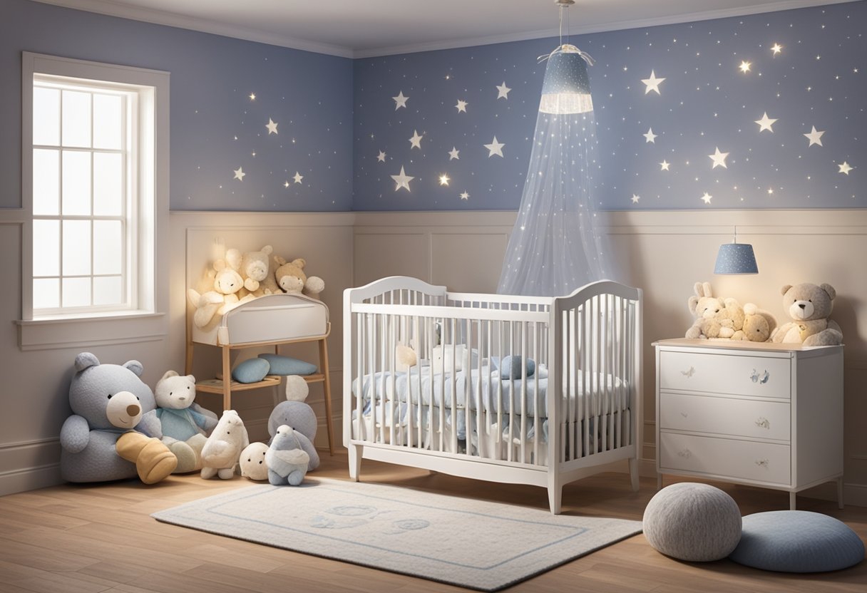 A small crib with the name "Jenna" embroidered on the bedding, surrounded by soft toys and a mobile of stars and moons