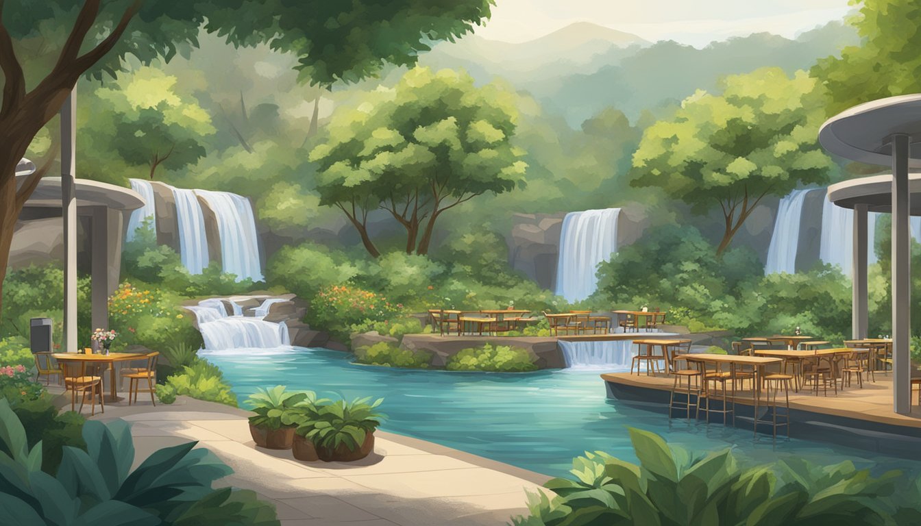 Lush greenery surrounds outdoor tables. A waterfall cascades nearby. Animals roam freely