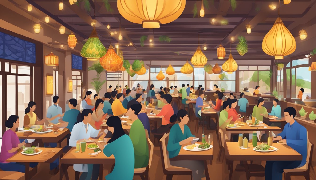 A bustling Thai restaurant with colorful decor and aromatic dishes being served to eager customers