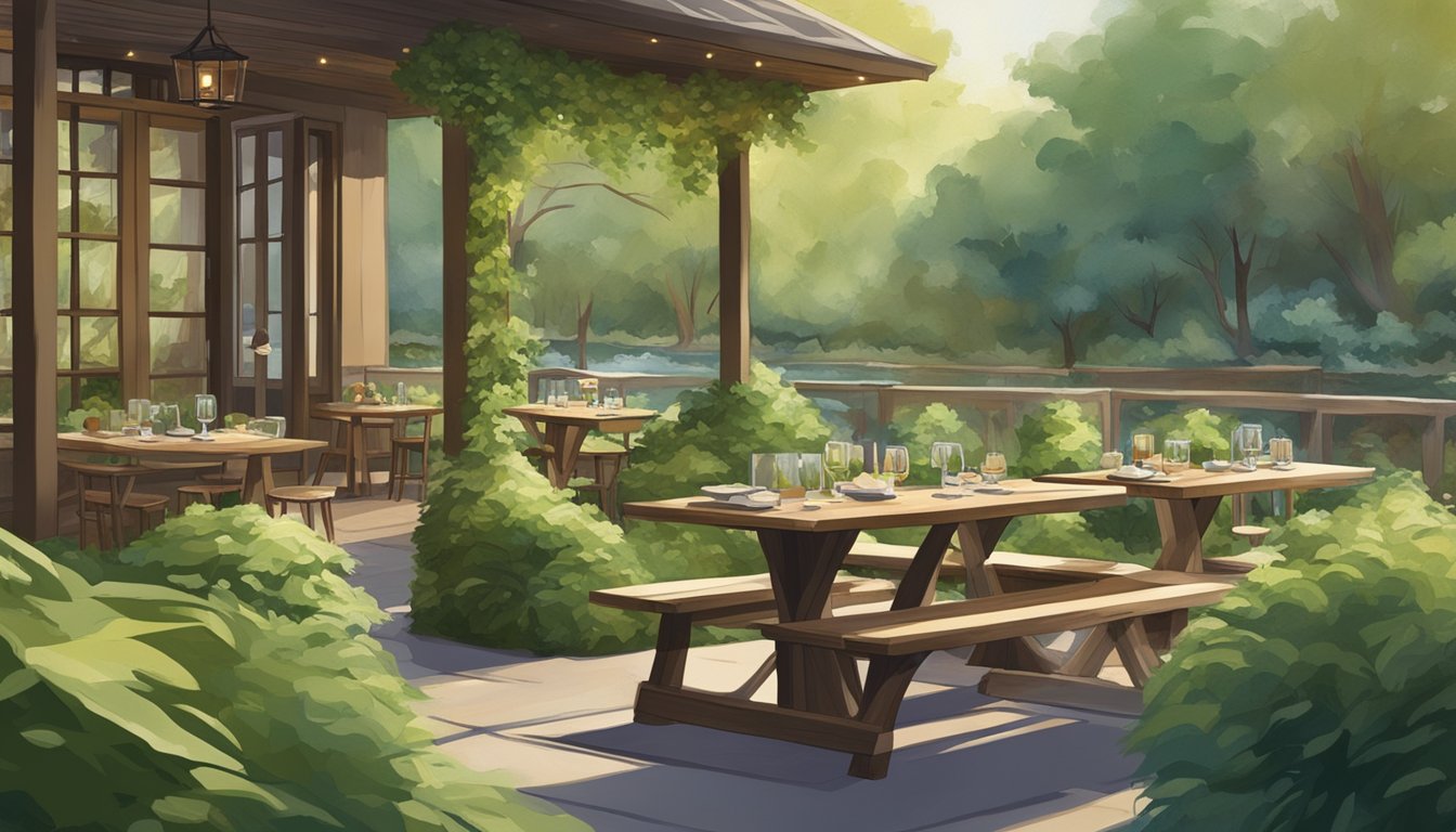 Lush greenery surrounds a cozy outdoor dining area. A flowing stream runs alongside the wooden tables, creating a peaceful ambiance. Birdsong fills the air as diners enjoy fresh, organic cuisine