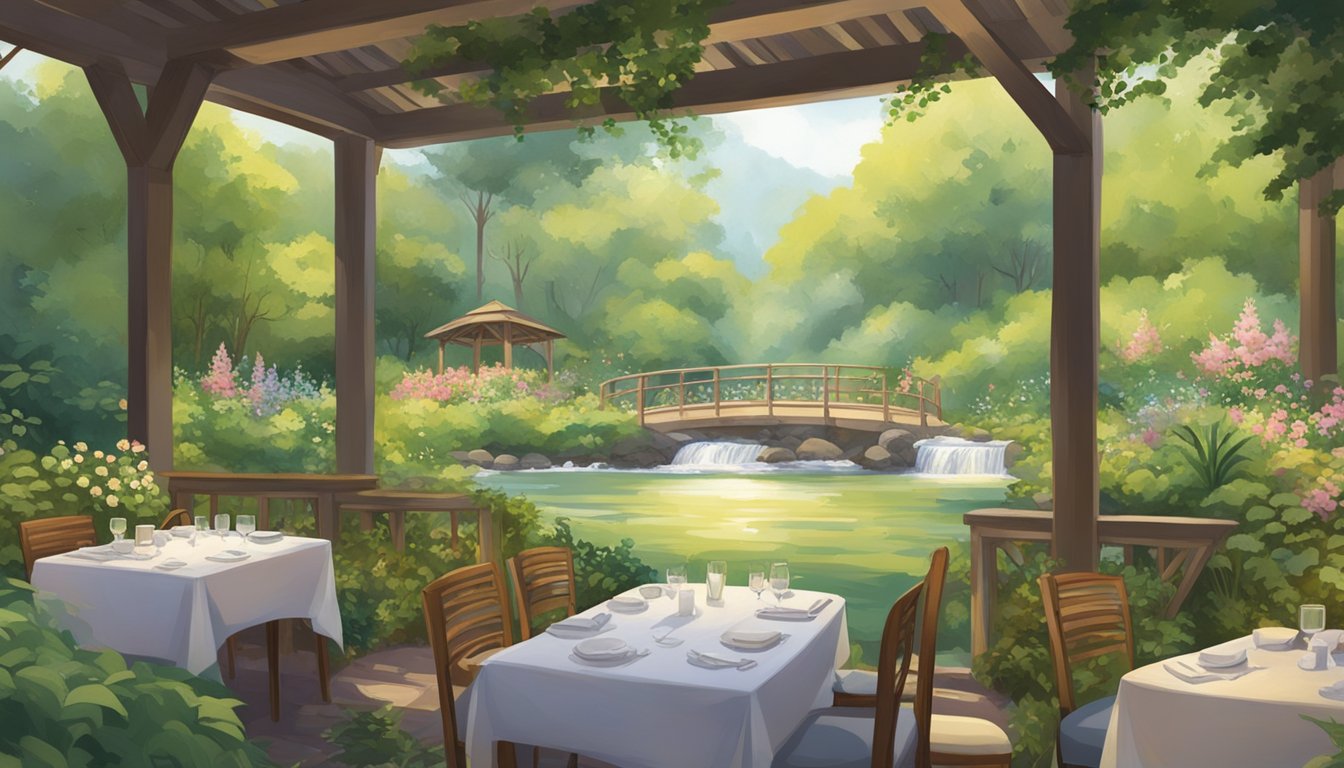 Guests sit at wooden tables under a canopy of lush greenery. A gentle stream flows nearby, and birds chirp in the distance. The air is filled with the scent of fresh flowers and the sound of nature