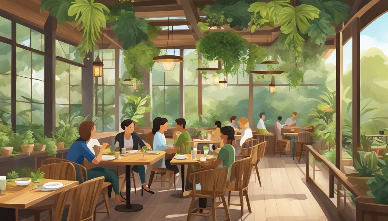 A bustling nature-themed restaurant with lush greenery, wooden furniture, and a serene ambiance. Customers enjoy fresh, organic dishes while surrounded by natural elements