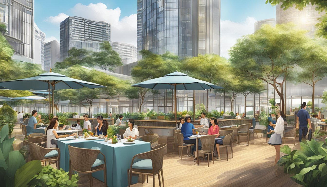 The scene features Duo Tower's Gourmet Lifestyle duo restaurants in Singapore, with vibrant outdoor seating and a bustling, lively atmosphere