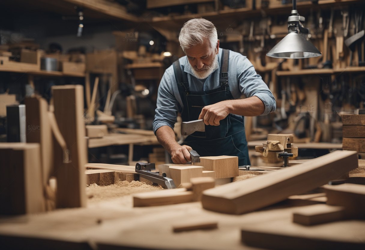 A carpenter carefully measures and cuts wood in a cluttered workshop, surrounded by various tools and materials