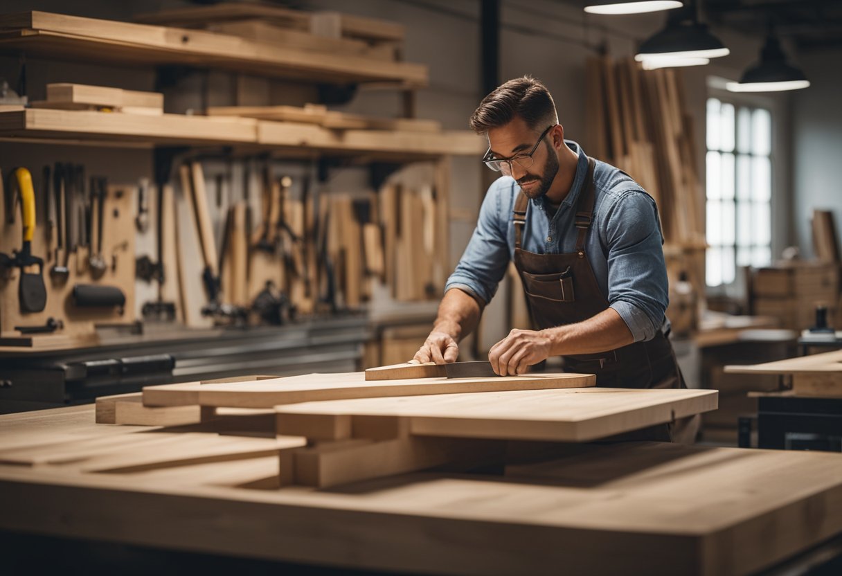 A carpenter carefully measures and cuts wood, creating sleek, modern furniture in a well-lit workshop. Quality tools and materials are neatly organized