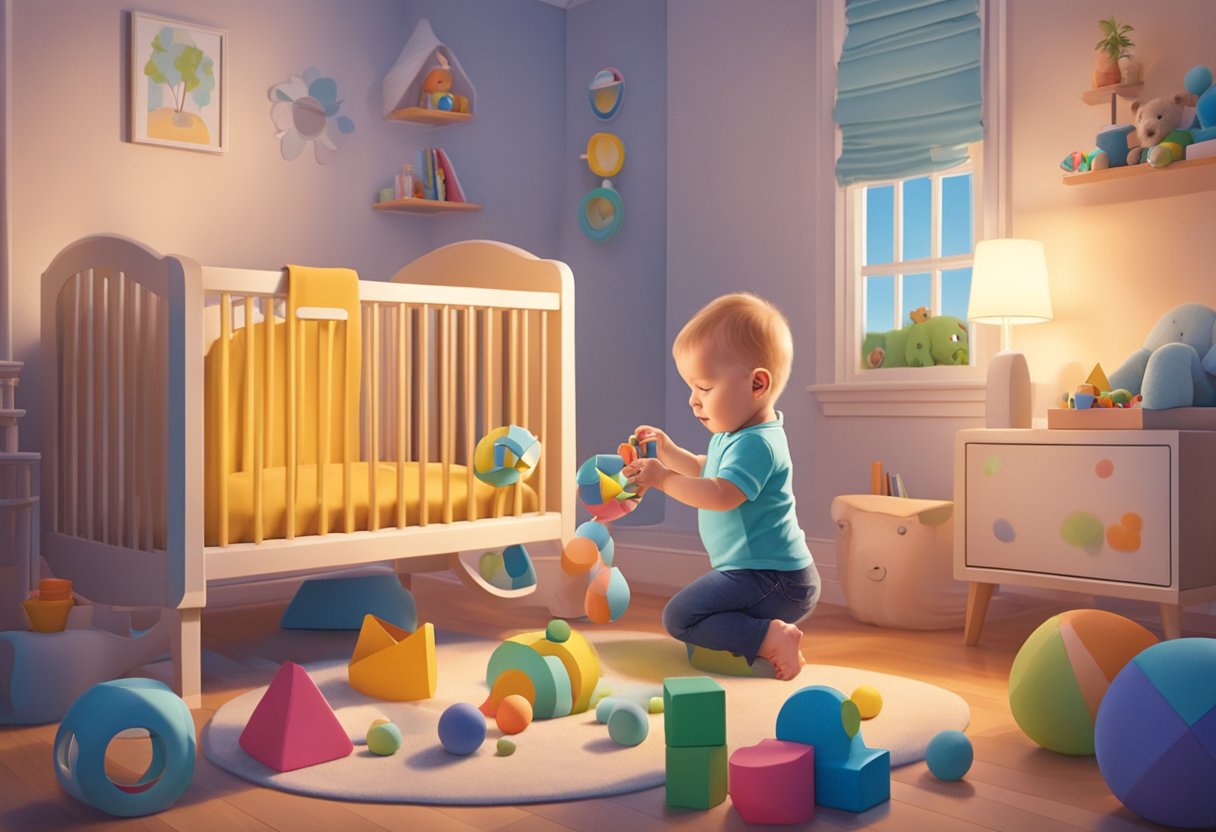 A baby named Josie playing with colorful toys in a cozy nursery