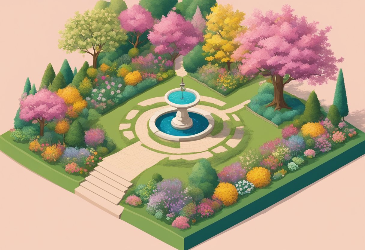 A blooming garden with a tree bearing the name "Josie" in colorful blossoms, surrounded by symbols of birth and growth