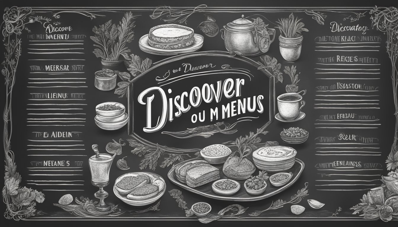 A chalkboard sign outside the elegant Thomsons restaurant displays the words "Discover Our Menu" in beautiful calligraphy, surrounded by illustrations of delectable dishes