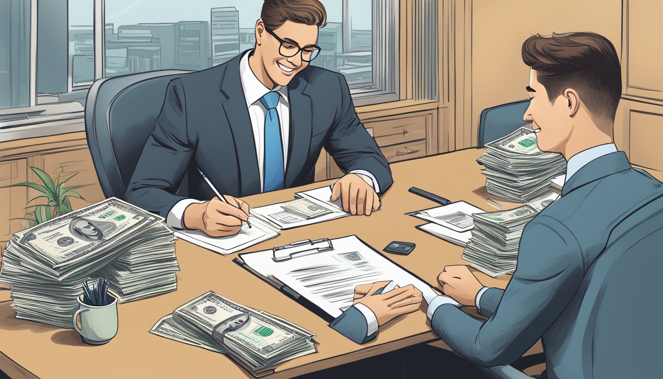 A businessman signing documents with a smiling loan officer, a computer showing "Fast Approval," and a stack of cash on the desk