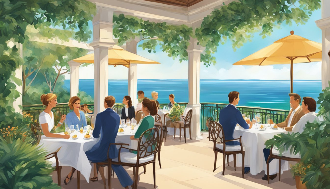 Guests enjoy a scenic view of the ocean from the outdoor terrace of Thomson's restaurant, surrounded by lush greenery and elegant decor