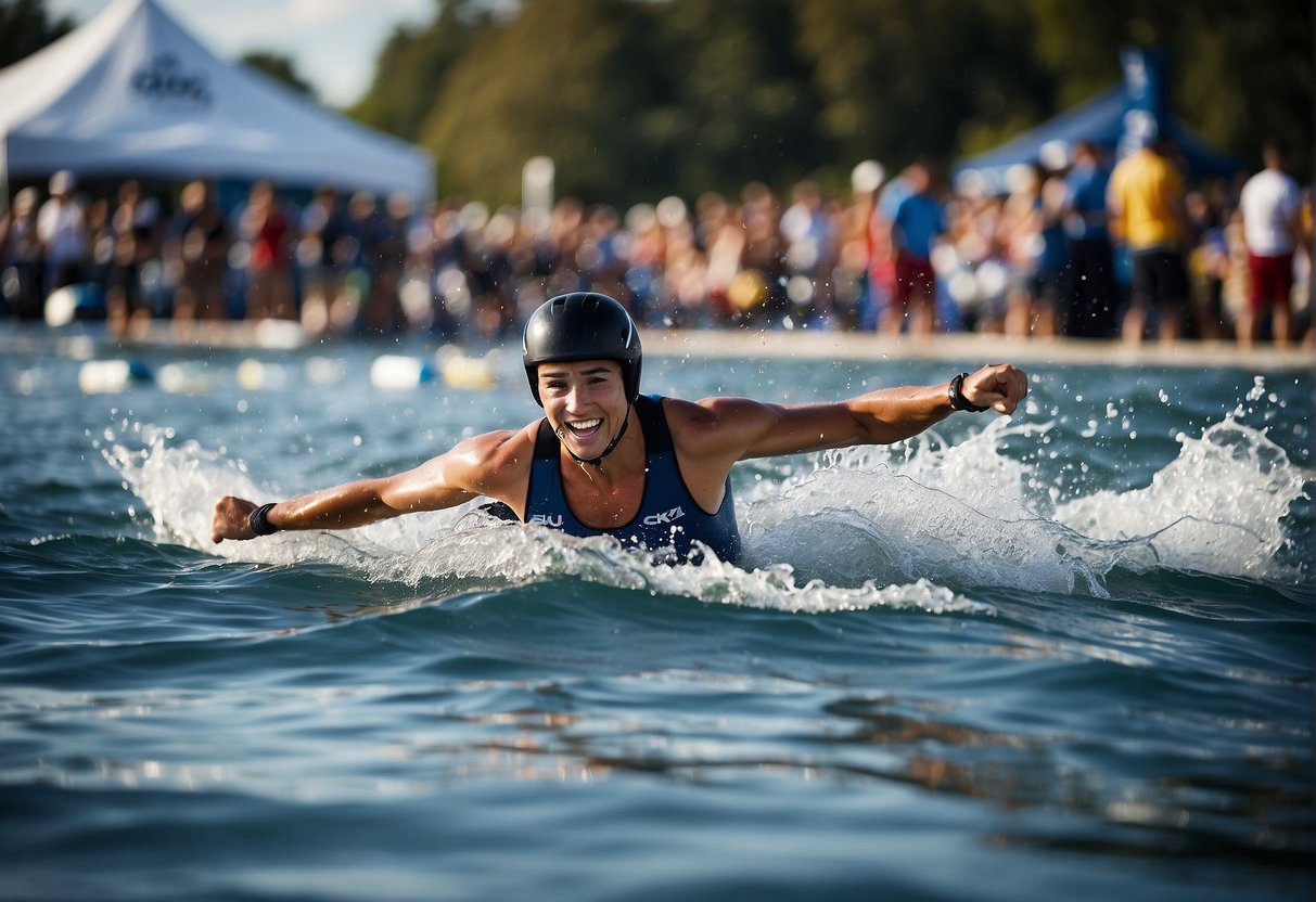 A vibrant scene at a water sports event, with spectators cheering and athletes competing. There are betting opportunities to be explored in the exciting world of aquatic sports competitions