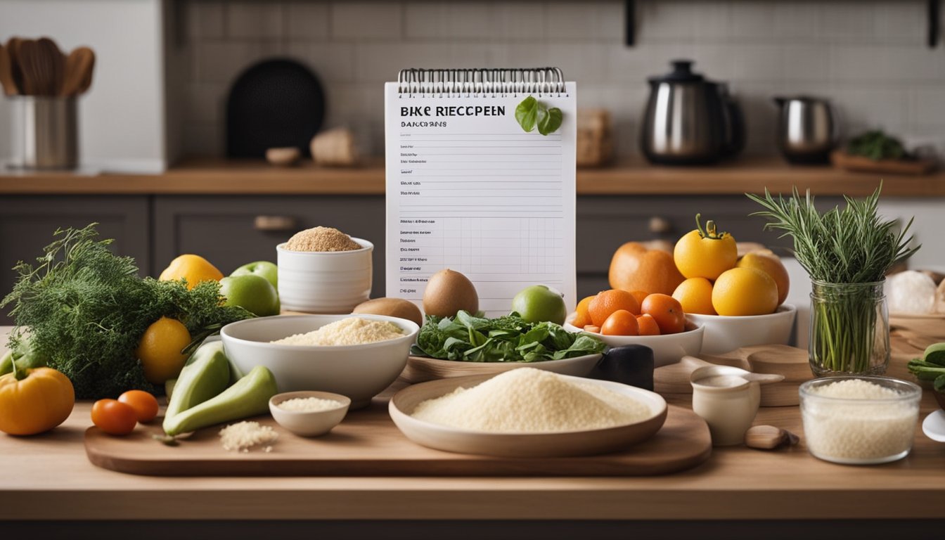 Fresh ingredients arranged on a clean kitchen counter, with a mixing bowl, measuring cups, and a recipe book open to a page with healthy baking recipes