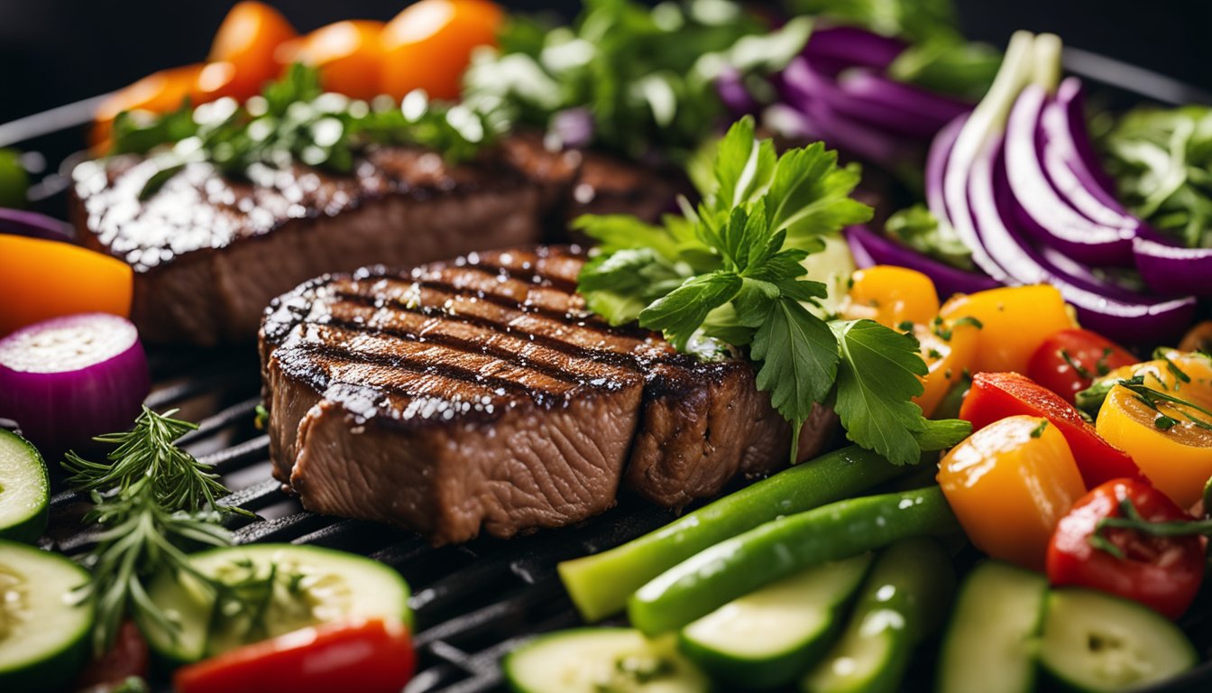 Sizzling beef steak on a grill, surrounded by colorful vegetables and herbs