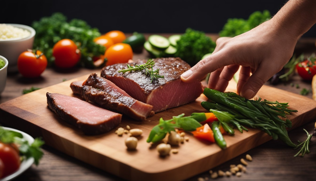 A hand reaches for fresh vegetables and lean cuts of beef on a wooden cutting board. Ingredients are carefully selected for healthy beef recipes
