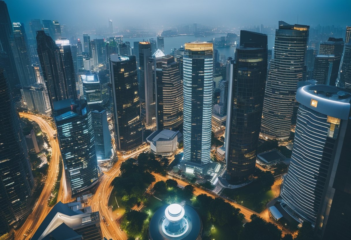 A bustling cityscape with modern skyscrapers and vibrant street life, showcasing the dynamic energy of Guy Carpenter Singapore
