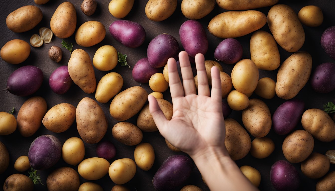 A hand reaching for a pile of assorted potatoes, with a variety of colors and shapes, set against a rustic backdrop