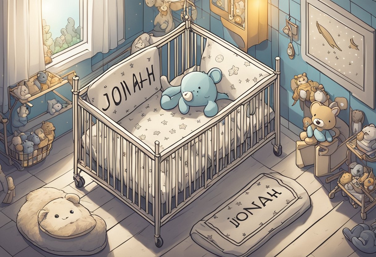 A crib with the name "Jonah" written on it, surrounded by soft toys and a mobile hanging above